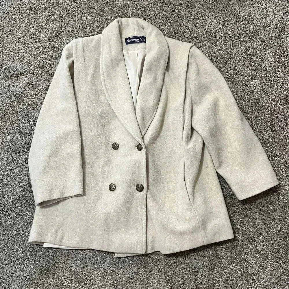 VINTAGE HERMAN KAY Wool Trench Pea Coat Gold Button Classic Oversized Preppy 90s